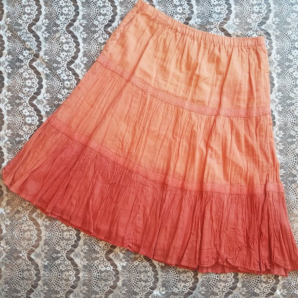 OVERDRIVE- Orange ombre- flowy 3-tiered 100% cotton skirt SIZE M